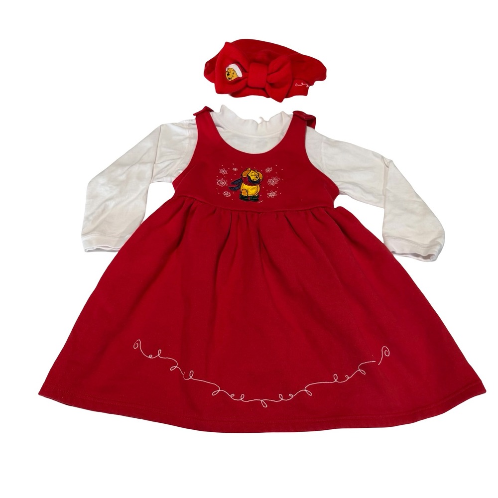 Vintage Disney Store Winnie the Pooh Red Fleece Dress Hat Shirt Set Kids 5/6